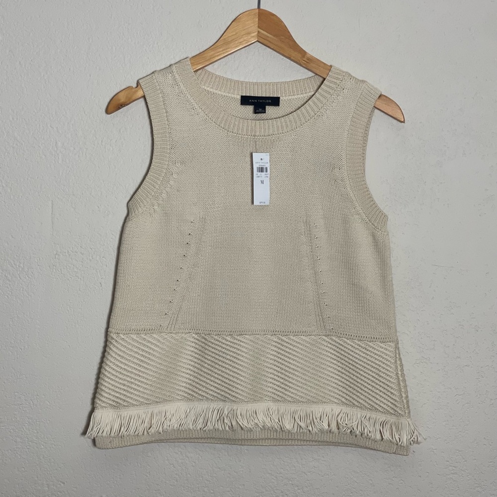 Ann Taylor Fringe Trim Sleeveless Sweater Shell NWT size M